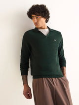 Men's Green Casual Slim Fit Solid Full Sleeves Polo Tshirt