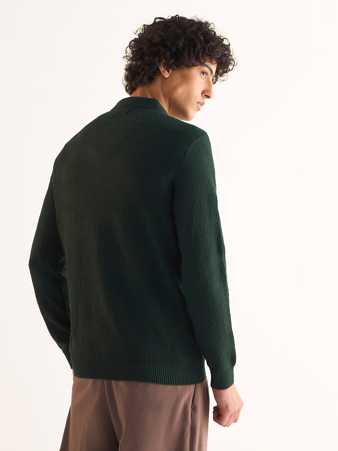 Men's Green Casual Slim Fit Solid Full Sleeves Polo Tshirt
