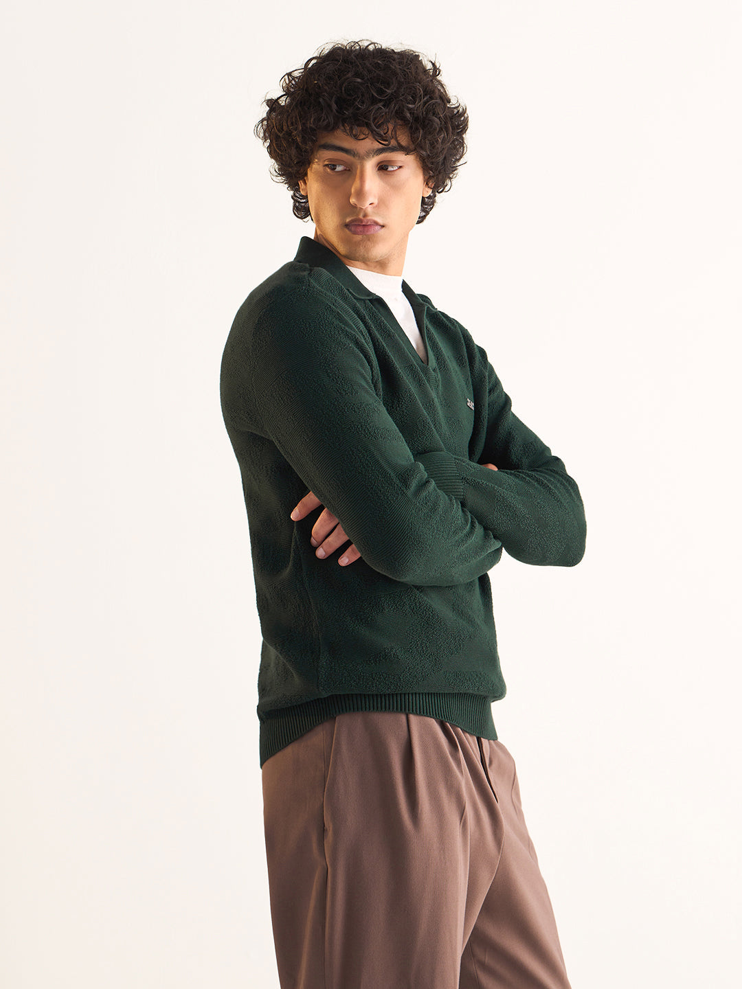Men's Green Casual Slim Fit Solid Full Sleeves Polo Tshirt