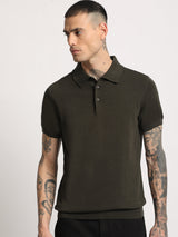 Men's Olive Casual Regular Fit Solid Half Sleeves Polo Tshirt