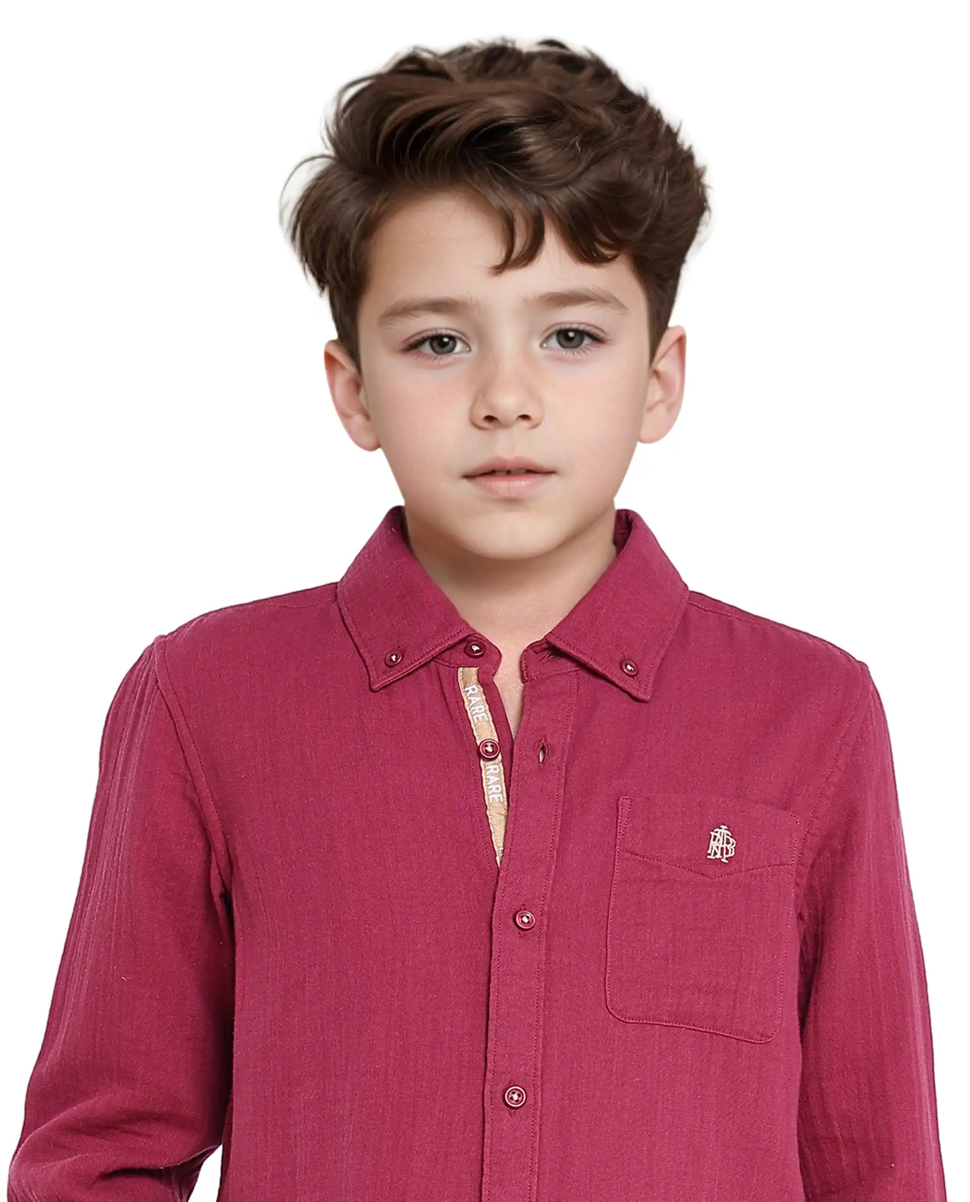 Boys Red Casual Regular Fit Solid Full Sleeves Shirt