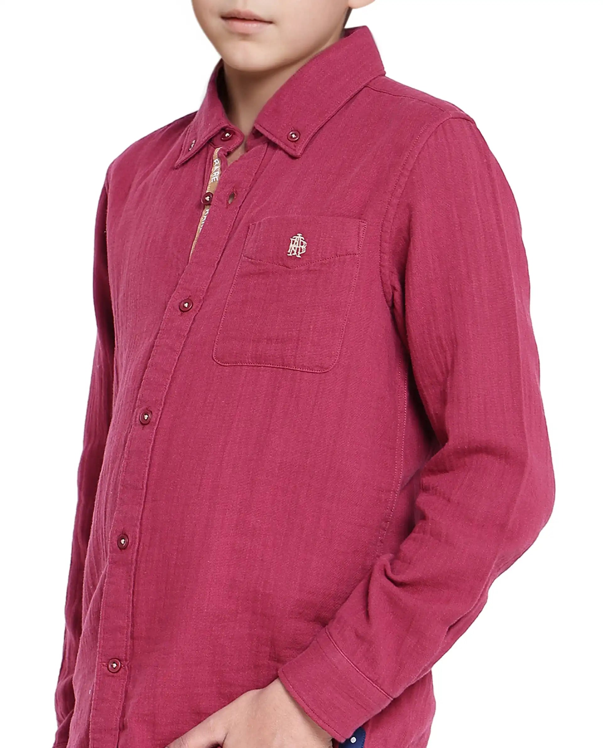 Boys Red Casual Regular Fit Solid Full Sleeves Shirt