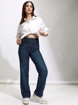 Women's Dark Blue Casual Solid Straight Fit Jeans