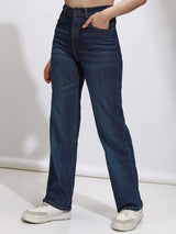 Women's Dark Blue Casual Solid Straight Fit Jeans