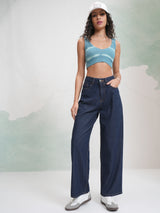 Women's Blue Casual Solid Wide Leg Jeans