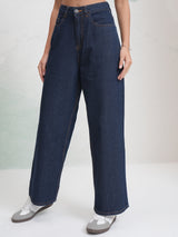 Women's Blue Casual Solid Wide Leg Jeans