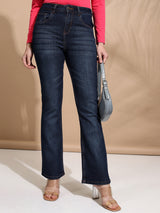Women's Dark Blue Casual Solid Flared Jeans