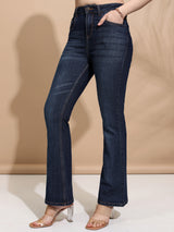 Women's Dark Blue Casual Solid Flared Jeans