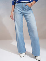 Women's Light Blue Casual Solid Wide Leg Jeans