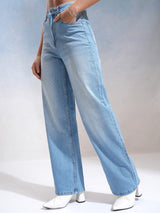 Women's Light Blue Casual Solid Wide Leg Jeans