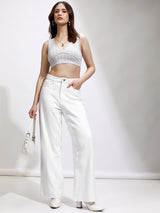 Women's White Casual Solid Wide Leg Jeans