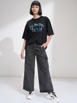 Women's Black Casual Solid Wide Leg Jeans