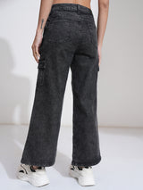 Women's Black Casual Solid Wide Leg Jeans