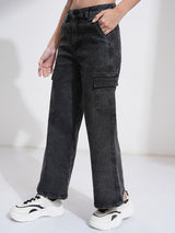 Women's Black Casual Solid Wide Leg Jeans