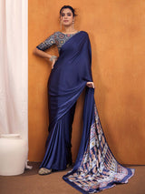 Women's Satin Silk Navy Blue Printed Designer Saree With Blouse Piece