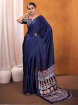 Women's Satin Silk Navy Blue Printed Designer Saree With Blouse Piece