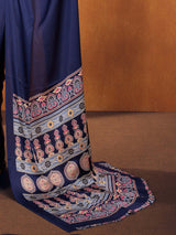 Women's Satin Silk Navy Blue Printed Designer Saree With Blouse Piece
