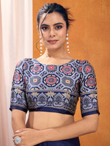 Women's Satin Silk Navy Blue Printed Designer Saree With Blouse Piece