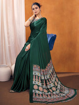 Women's Satin Silk Green Printed Designer Saree With Blouse Piece