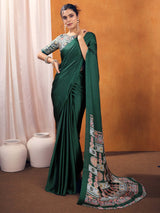 Women's Satin Silk Green Printed Designer Saree With Blouse Piece