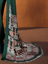 Women's Satin Silk Green Printed Designer Saree With Blouse Piece