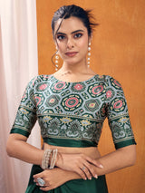 Women's Satin Silk Green Printed Designer Saree With Blouse Piece