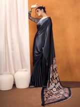Women's Satin Silk Black Printed Designer Saree With Blouse Piece