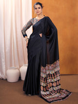 Women's Satin Silk Black Printed Designer Saree With Blouse Piece
