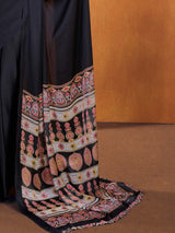 Women's Satin Silk Black Printed Designer Saree With Blouse Piece