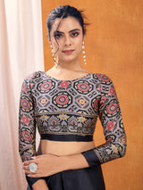 Women's Satin Silk Black Printed Designer Saree With Blouse Piece