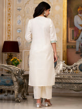 Women's Cream Ethnic Motifs Yoke Design Straight Thread Work Kurta With Palazzos & Dupatta