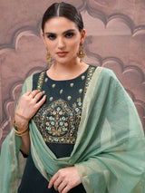 Women's Green Embroidered Straight Kurta With Trouser & Dupatta