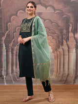 Women's Green Embroidered Straight Kurta With Trouser & Dupatta