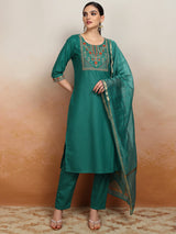 Women's Green Embrioderd Yoke Design Thread Work Straight Kurta With Trousers & Dupatta