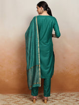 Women's Green Embrioderd Yoke Design Thread Work Straight Kurta With Trousers & Dupatta