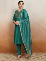 Women's Green Embrioderd Yoke Design Thread Work Straight Kurta With Trousers & Dupatta