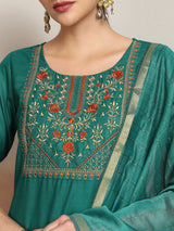 Women's Green Embrioderd Yoke Design Thread Work Straight Kurta With Trousers & Dupatta
