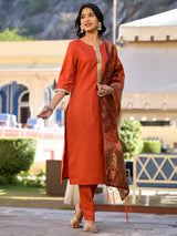 Women's Rust Orange Round Neck Embellished Straight Kurta & Trouser With Dupatta
