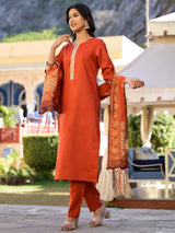 Women's Rust Orange Round Neck Embellished Straight Kurta & Trouser With Dupatta