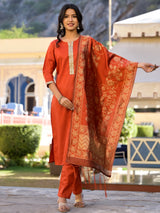 Women's Rust Orange Round Neck Embellished Straight Kurta & Trouser With Dupatta