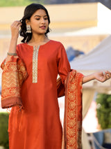 Women's Rust Orange Round Neck Embellished Straight Kurta & Trouser With Dupatta