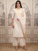 Women's Cream Motifs Printed Kurta With Palazzo & Dupatta