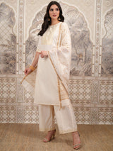 Women's Cream Motifs Printed Kurta With Palazzo & Dupatta