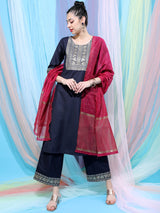 Women's Navy Blue Motifs Yoke Design Straight Kurta With Palazzo & Dupatta