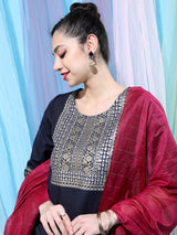 Women's Navy Blue Motifs Yoke Design Straight Kurta With Palazzo & Dupatta