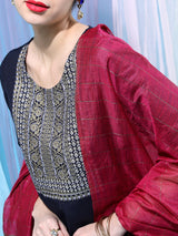 Women's Navy Blue Motifs Yoke Design Straight Kurta With Palazzo & Dupatta