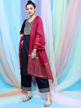 Women's Navy Blue Motifs Yoke Design Straight Kurta With Palazzo & Dupatta
