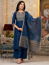 Women's Teal Ethnic Motifs Yoke Designed Sequined Straight Kurta With Palazzos & Dupatta