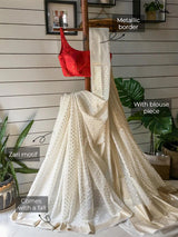 Women's White Cotton Polyester Saree with Blouse Piece