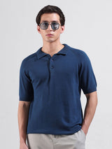 Men's Blue Slim Fit Textured Polo Collar Tshirt